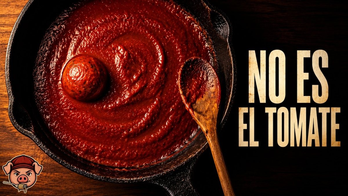 Salsa de tomate reducida en la sartén, densa y brillante, con la cuchara dejando un camino en el fondo