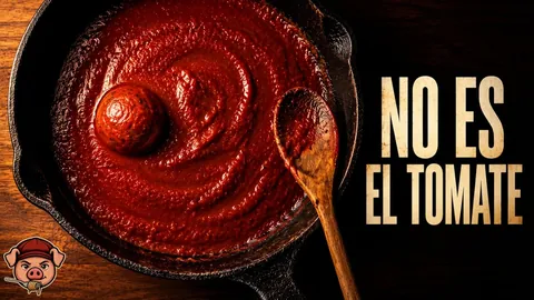 Salsa de tomate reducida en la sartén, densa y brillante, con la cuchara dejando un camino en el fondo