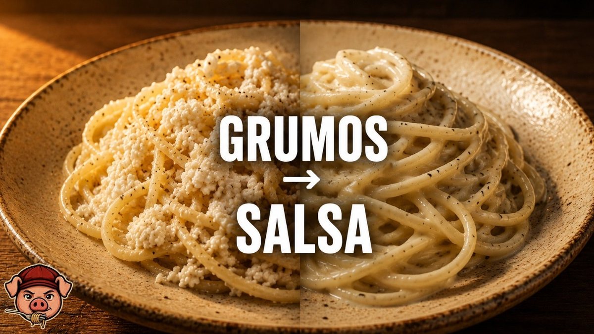 Plato de cacio e pepe con la salsa ligada al espagueti, sin grumos de pecorino