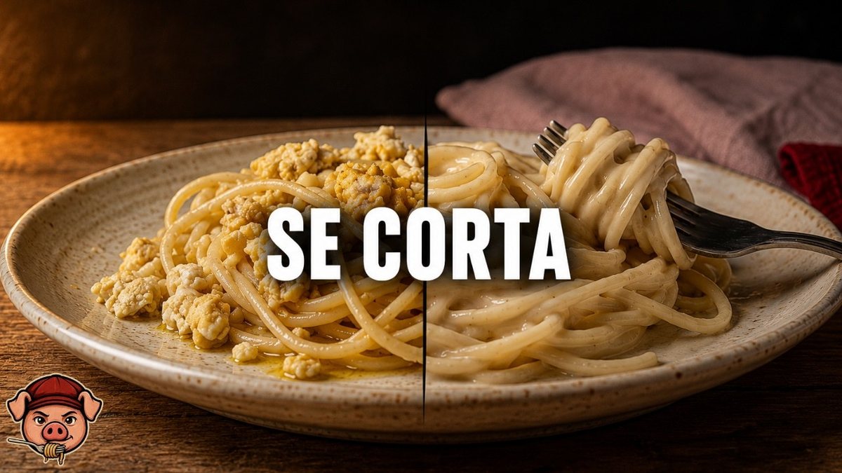 Plato de carbonara bien ligada, brillante y envolviendo la pasta, para explicar por qué se corta la carbonara
