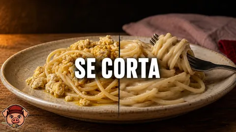 Plato de carbonara bien ligada, brillante y envolviendo la pasta, para explicar por qué se corta la carbonara