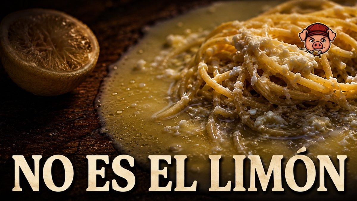 Plato de pasta al limón con la salsa agarrada a la pasta y el fondo del plato seco