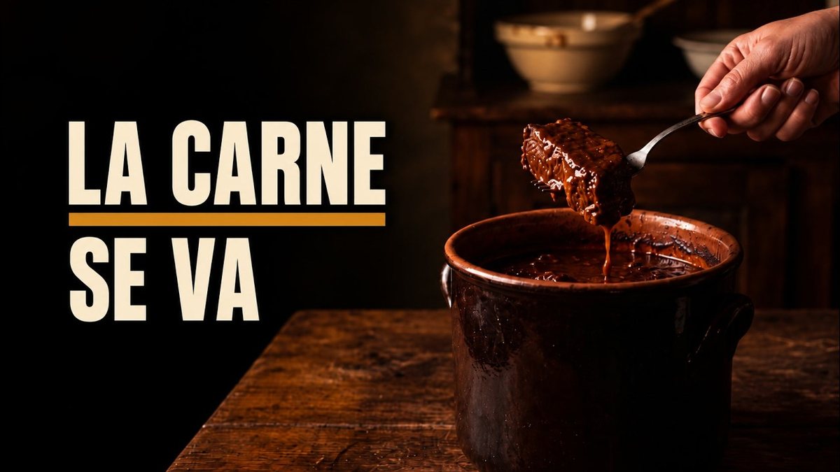 Olla de ragú napolitano con las piezas de carne enteras en la salsa granate