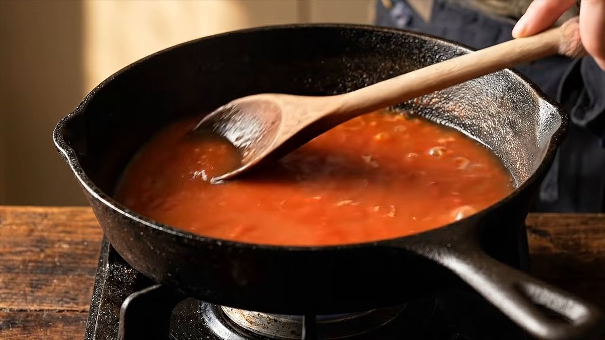 Los tres estados del tomate en la sartén: fotograma del vídeo de El Cuchinero Pastas