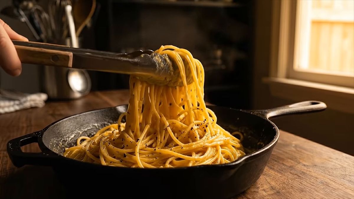 Cómo se ve una carbonara bien ligada: fotograma del vídeo de El Cuchinero Pastas